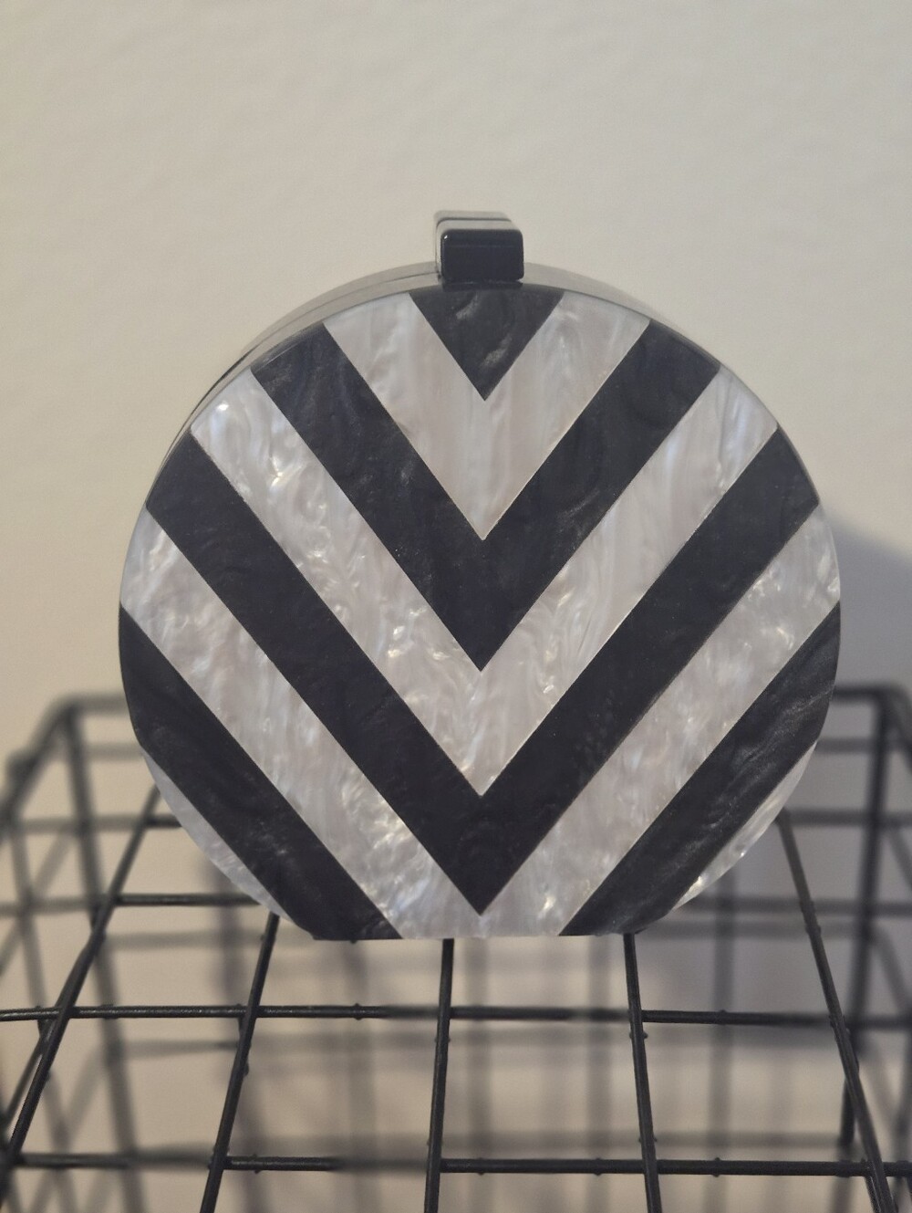 Vintage Black & White Chevron Acrylic Round Clutch.